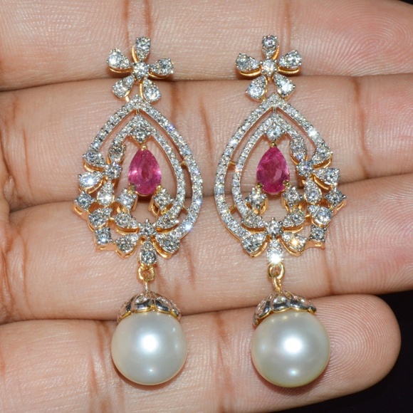 CERTIFIED NATURAL 24.16CTS VS F DIAMOND RUBY SOUTH SEA PEARL 18K GOLD EARRINGS - Picture 7 of 14